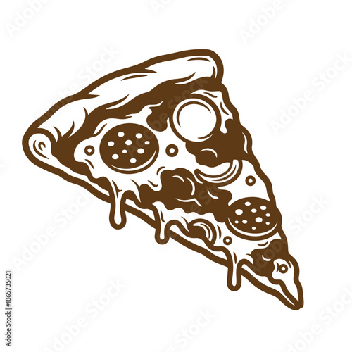 Vintage Illustration of a slice of pizza with melted cheese and toppings isolated on transparent background