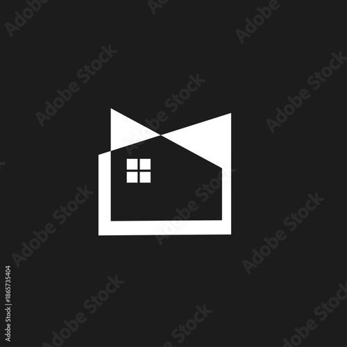 Minimalist Geometric House Logo on Black Background with Abstract Roof Design