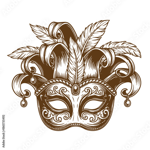 Vintage Venetian masquerade mask with feathers and swirling designs isolated on white background