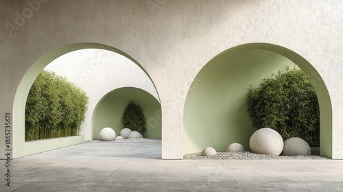 Minimalist architectural space features arched openings revealing serene bamboo gardens and smooth decorative stones