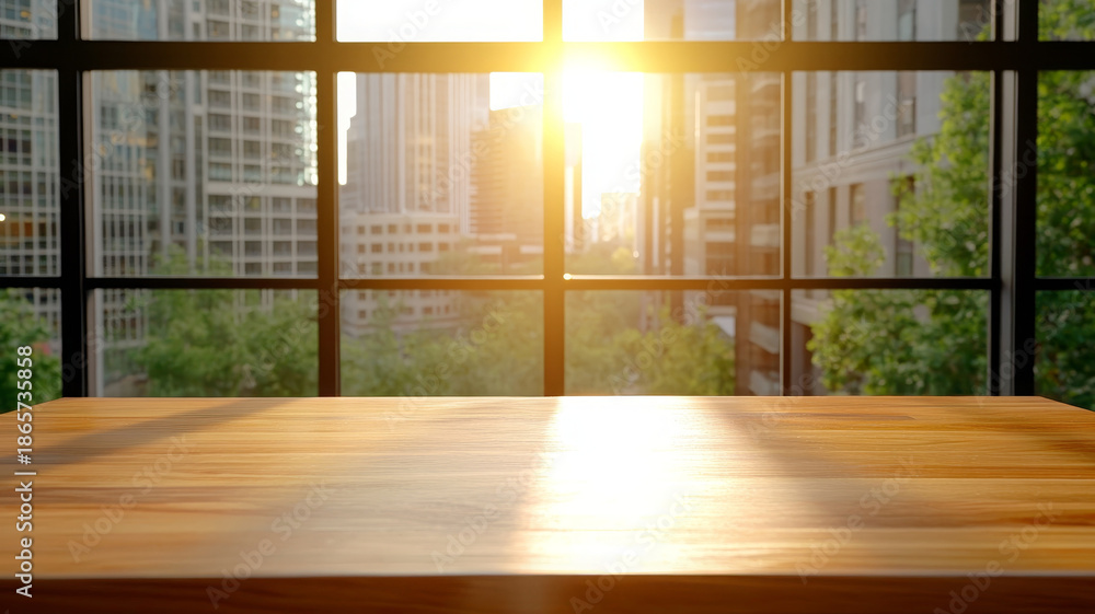 Fototapeta premium Sunlight shines on wooden table in modern office with large glass windows and city view
