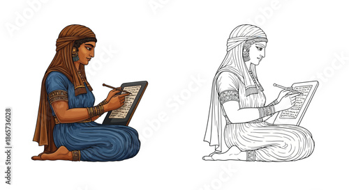 Ancient Female Scribe Writing on Clay Tablet Historical Literacy Illustration