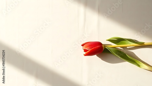 A single red tulip in full bloom rests on beige linen, surrounded by soft shadows and negative space.