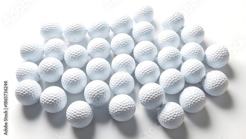 White golf balls arranged in a geometric pattern on a pure white background, emphasizing texture.