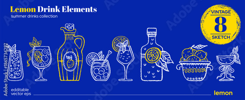 Mediterranean Limoncello. Lemon italian cocktail, hand drawn summer bg. Watercolor food sketch doodle lemonade bar. Vintage glass and bottle with mediterranean italian Limoncello. Drink illustration