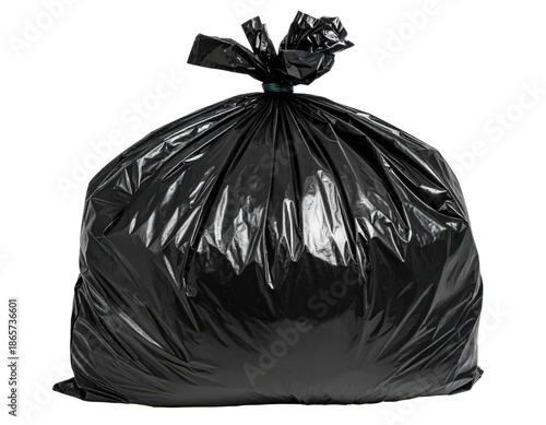 Large Black Plastic Trash Bag Filled with Household Waste Set Against a Transparent Background
