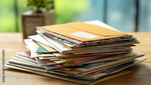 A stack of junk mail on the table at office. Important letters from junk mail, Correspondence, Organization concept