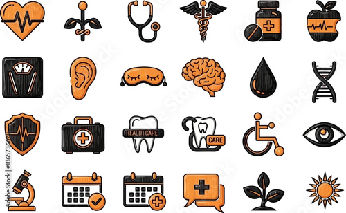 Medical & Healthcare Icons Set – Health, Fitness, Medicine, Diagnosis (Black & Gold)