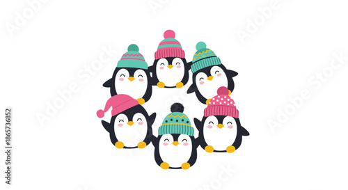 Friendly circle of cute cartoon penguins wearing various colorful knitted wool hats with pom-poms on a white background.