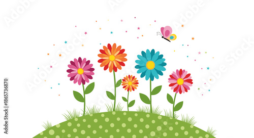 Colorful meadow of wild flowers and green grass with butterflies and stars under a clear sky on a rolling green hill.