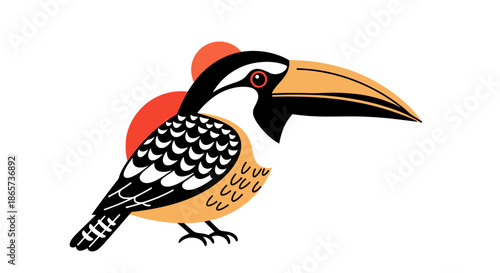 Artistic illustration of a tropical toucan bird with a large yellow beak and colorful feathers perched on its body.