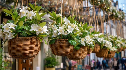 Woven baskets filled with lush greenery and bright white blossoms hang in a decorative row outdoors