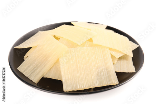 Fresh Sliced Bamboo Shoots on Black Plate - Healthy Asian Ingredient