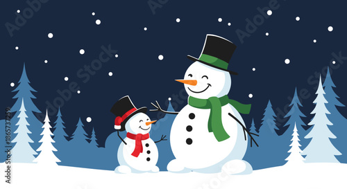 Two happy snowmen, one large and one small, standing together in a snowy pine forest at night under the bright stars.