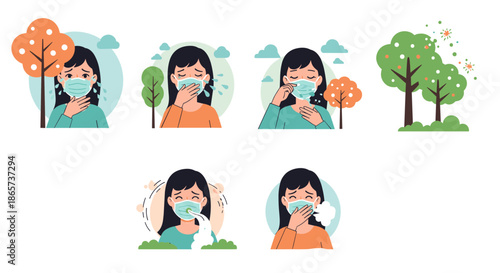 Infographic showing a young girl suffering from seasonal allergies, wearing a mask, and sneezing near blossoming trees.