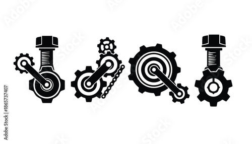 A set of black and white gear icons with mechanical components on transparent background