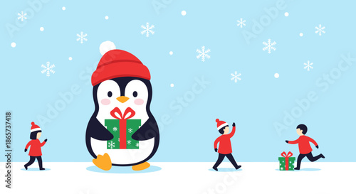Cute penguin wearing a red hat holding gift box while children in winter outfits play in falling snow on a light blue background.