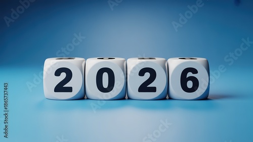 New Year 2026 Concept with White Dice on Blue Gradient Background Professional Design Element for Marketing Campaigns and Future Plans