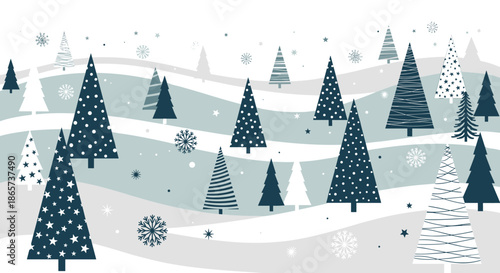 Abstract winter landscape design featuring stylized pine trees and snowflakes in shades of blue and white arranged in wavy patterns.