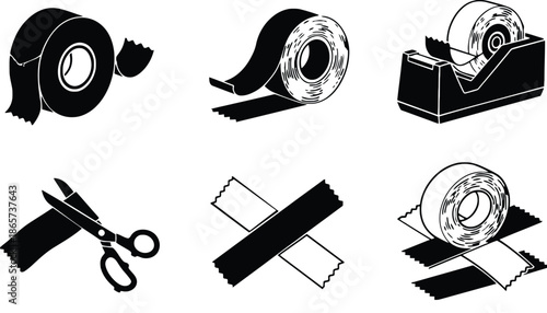 A set of black and white illustrations of tape and scissors on transparent background