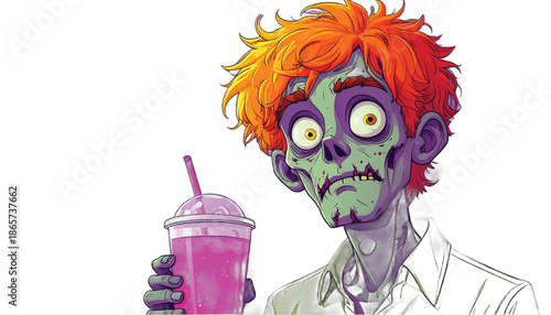 Cartoon Zombie with Orange Hair Holding a Pink Drink.
