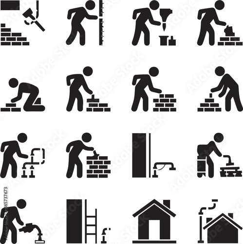 Black and White Construction Icons: Masonry Work and Building Process Symbols