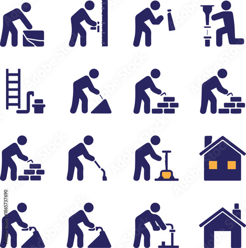 Professional Masonry Icon Set: Bricklayer and Construction Worker Vector Graphics