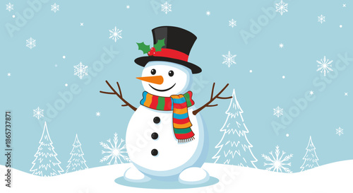 Cheerful snowman wearing a top hat and colorful striped scarf standing in a tranquil snowy forest with falling snowflakes.
