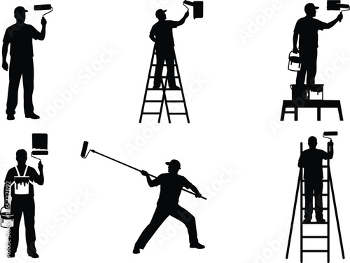 Silhouettes of workers painting walls with rollers, ladders, and platforms, demonstrating renovation, construction, safety, teamwork, and professional techniques