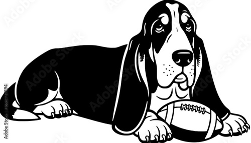 A cartoon basset hound lying down with a football on transparent background