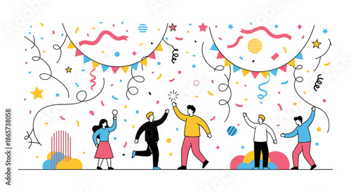 Cheerful people celebrating with hands up under falling confetti and festive bunting in a lively and vibrant party atmosphere.