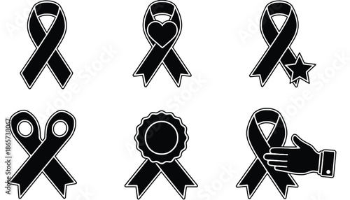 A set of black ribbon icons on transparent background for awareness campaigns