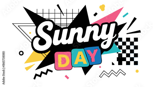 A colorful graphic illustration of a sunny day with geometric shapes on transparent background