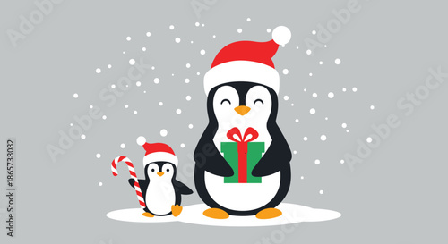 Cute mother and baby penguin wearing red Santa hats and holding a Christmas gift and candy cane in a snowy landscape.