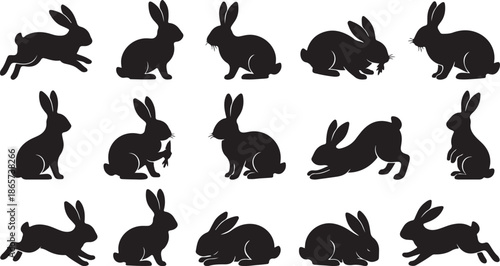 **Large Collection of Black Rabbit and Hare Silhouettes in Various Poses, Including Running, Jumping, and Eating a Carrot, Vector Illustration on White Background**