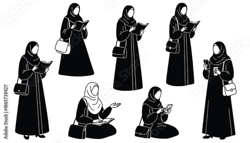 A group of women wearing hijabs and abayas in various poses on transparent background
