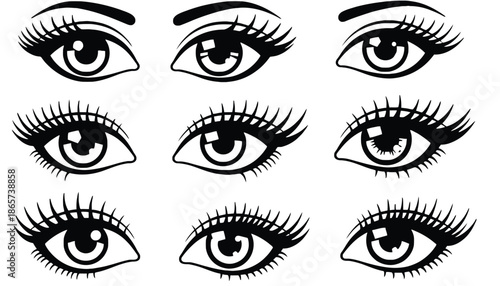 A set of illustrated eyes with various eyelashes and eyebrow styles on transparent background