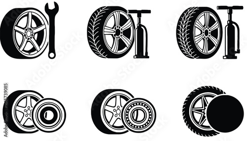A set of black and white icons featuring various car tires and tools on transparent background