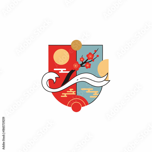 Abstract Geometric Design with Blooming Cherry Blossoms and Asian Influences