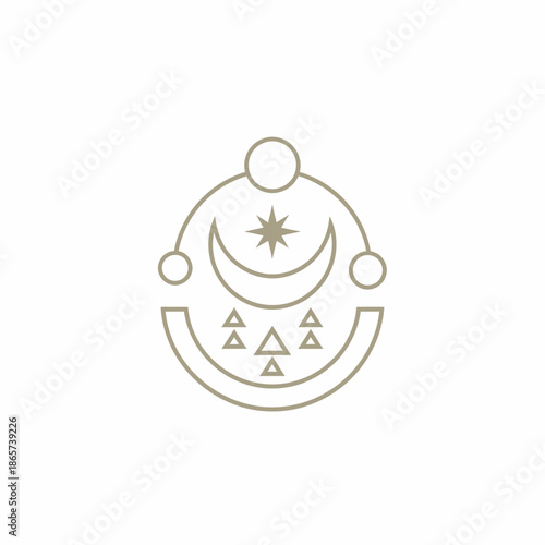 Minimalist Celestial Emblem with Crescent Moon, Star, and Geometric Triangles Symbolizing Cosmic Balance and Spiritual Harmony, Elegant Line Art Design Concept