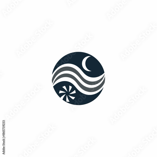 The serene landscape illustration depicts a crescent moon shining over a calm sea with a flower on a sunny day.