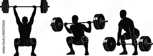 Silhouettes of athletes performing weightlifting exercises with barbells, showcasing strength, fitness, training, and professional bodybuilding techniques