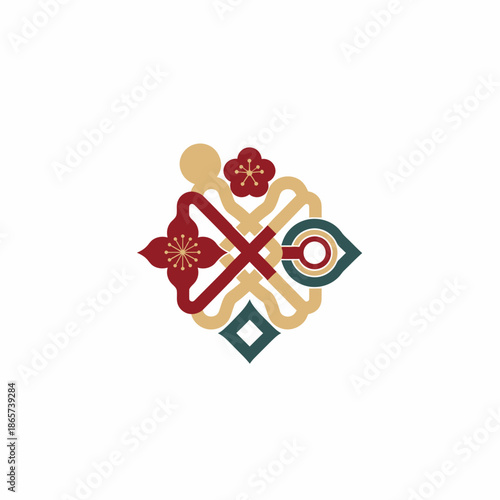 The intricate floral pattern features a blend of red, gold, and green shapes in a decorative design on a white background.