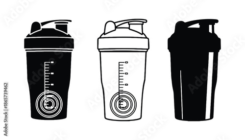 Three shaker bottles on transparent background for fitness and nutrition needs