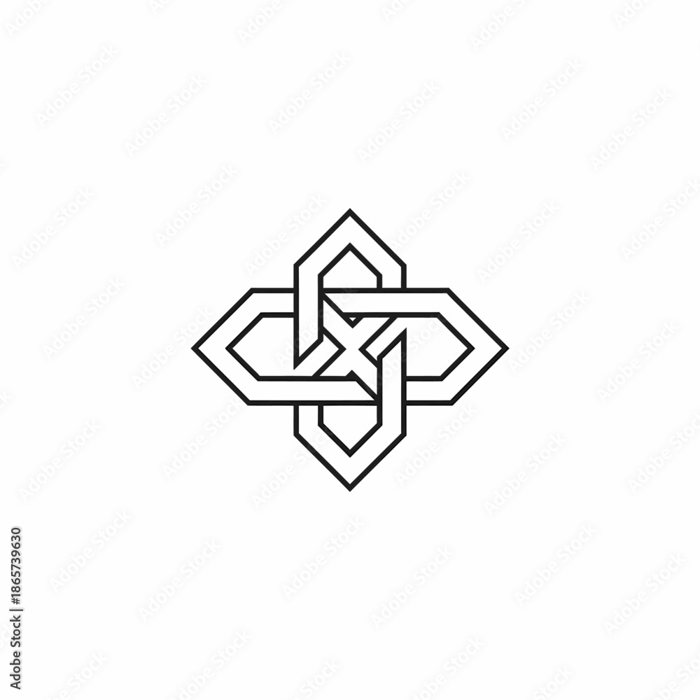 Fototapeta premium Abstract geometric pattern with interwoven knot-like shapes creating a symmetrical design on a white background