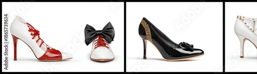 Four different high heel shoes on white background, two are red/white