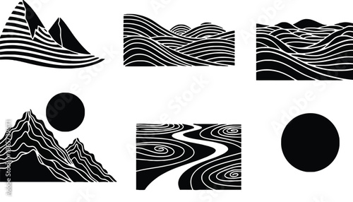 A set of modern abstract landscape designs on transparent background