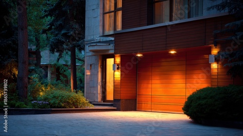 Illuminated modern residence exterior features warm lighting at twilight