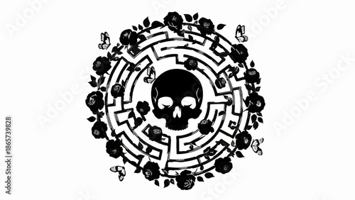 Dark labyrinth with skull at center, surrounded by roses and butterflies