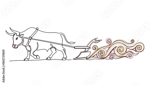 bull pulling a plow with decorative swirls